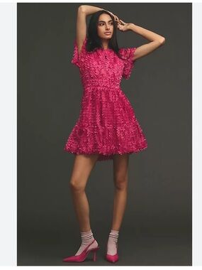 Anthropologie The Somerset Mini Dress Floral Appliqué Edition pink medium